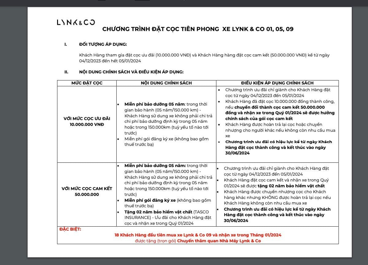 Hãng xe Trung Quốc Lynk & Co thông báo mức cọc dù chưa ra mắt xe và chưa có giá Hãng xe Trung Quốc Lynk & Co thông báo mức cọc dù chưa ra mắt xe và chưa có giá
