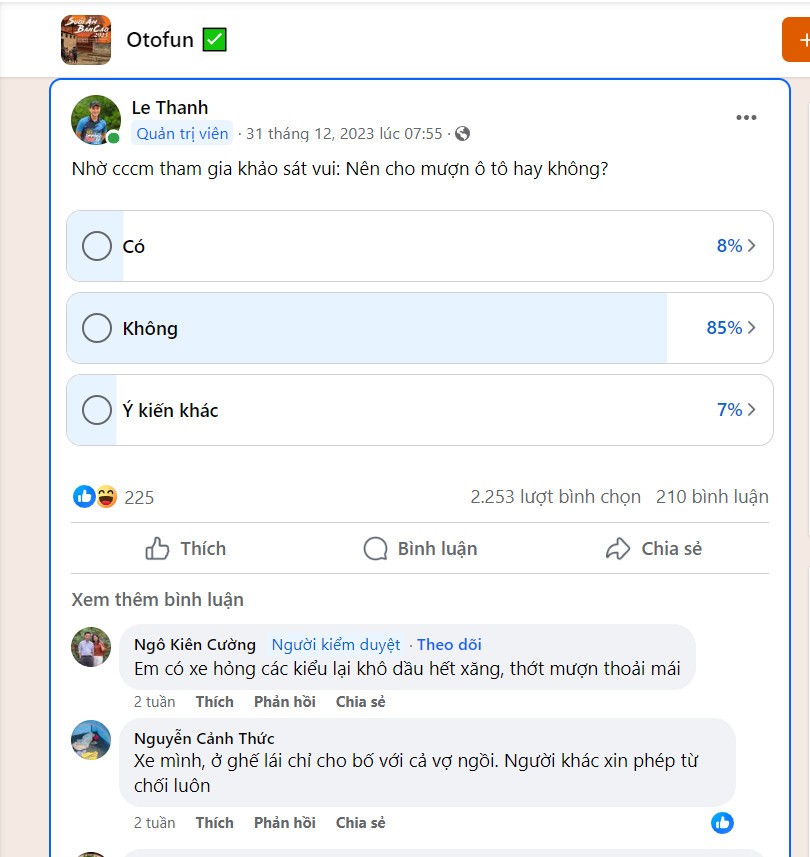 Có nên cho mượn ô tô: Khảo sát từ Otofun cho biết 85% nói không Có nên cho mượn ô tô: Khảo sát từ Otofun cho biết 85% nói không
