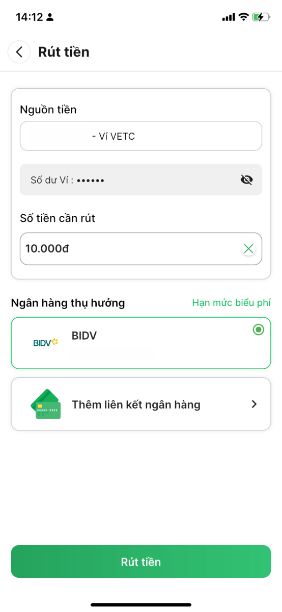 Cách rút tiền từ VETC về tài khoản ngân hàng Số tiền cần rút