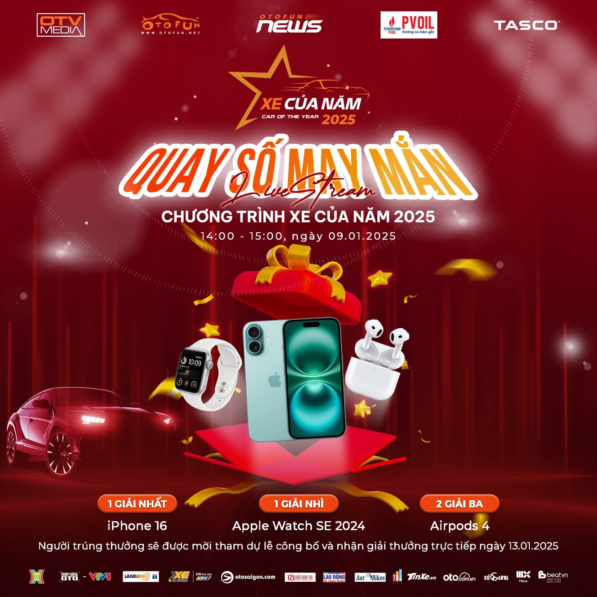 XE CỦA NĂM 2025 Buổi livestream quay số may mắn sẽ diễn ra vào lúc 14h ngày 09/01/2025.
