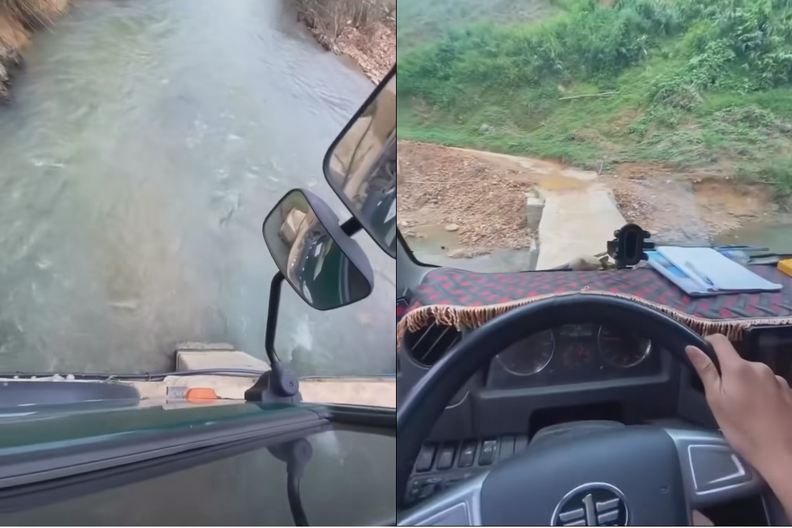 Tài xế đánh cược tính mạng khi liều lĩnh điều khiển xe tải vượt cầu nhỏ bắc qua suối Tài xế đánh cược tính mạng khi liều lĩnh điều khiển xe tải vượt cầu nhỏ bắc qua suối