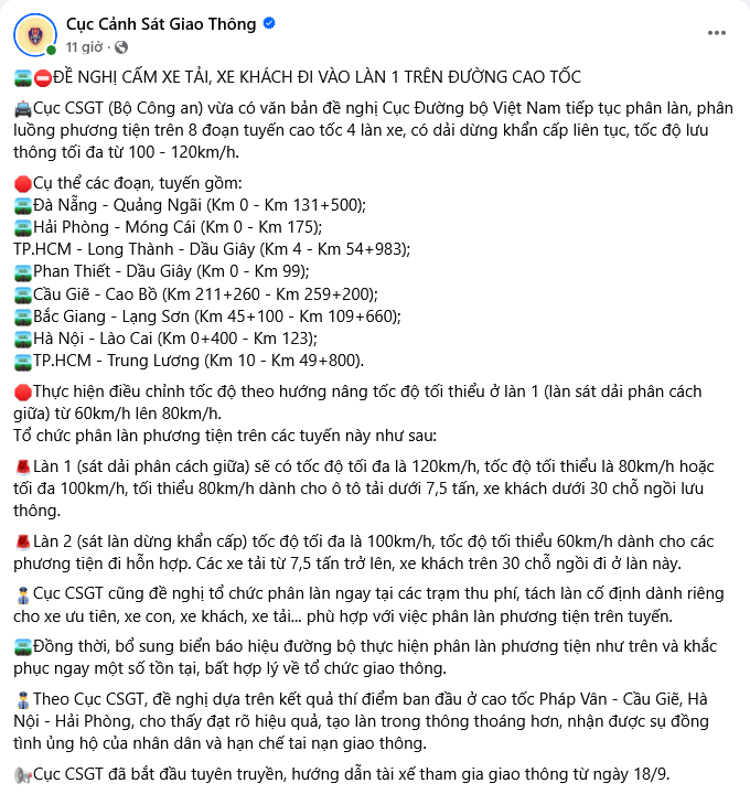 Cục CSGT đề nghị thêm nhiều cao tốc cấm xe tải, xe khách đi làn sát dải phân cách, đồng thời tăng tốc độ tối thiểu Cục CSGT đề nghị thêm nhiều cao tốc cấm xe tải, xe khách đi làn sát dải phân cách, đồng thời tăng tốc độ tối thiểu