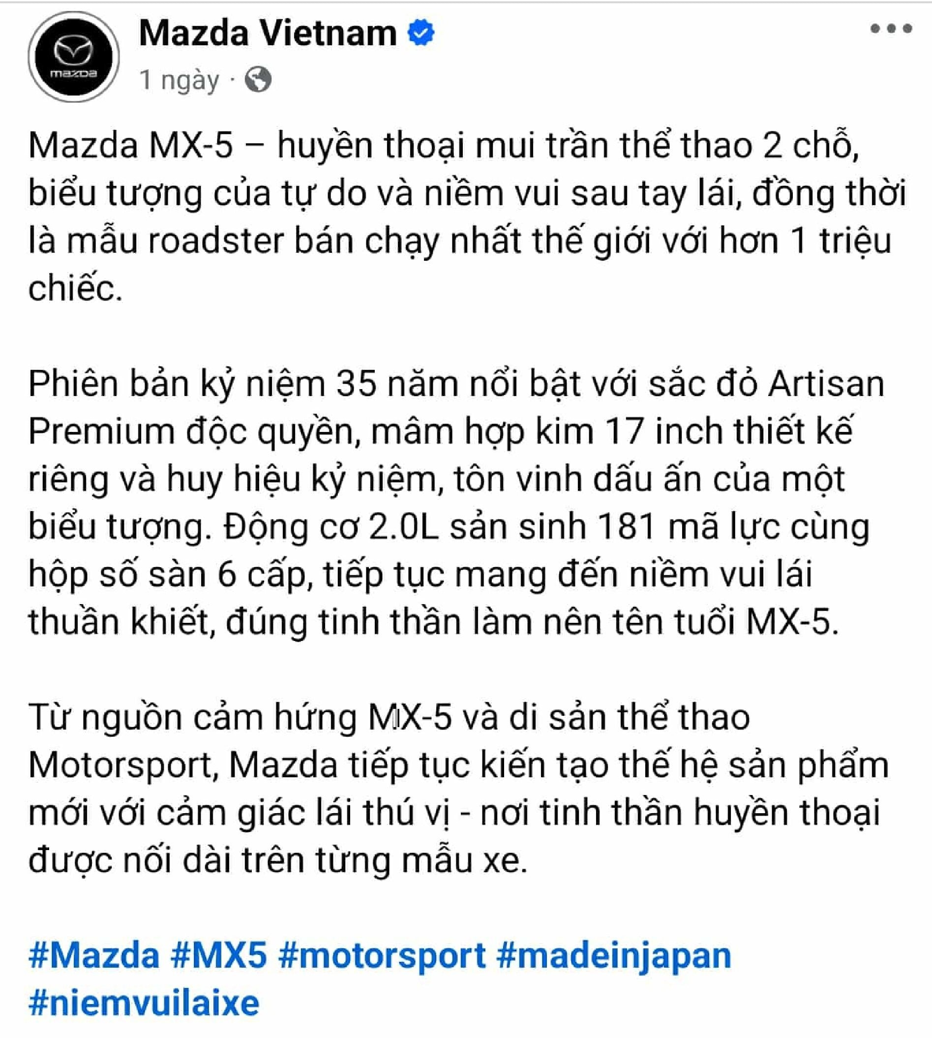 Mazda MX-5 trở lại Việt Nam sau nhiều năm vắng bóng với phiên bản giới hạn Mazda MX-5