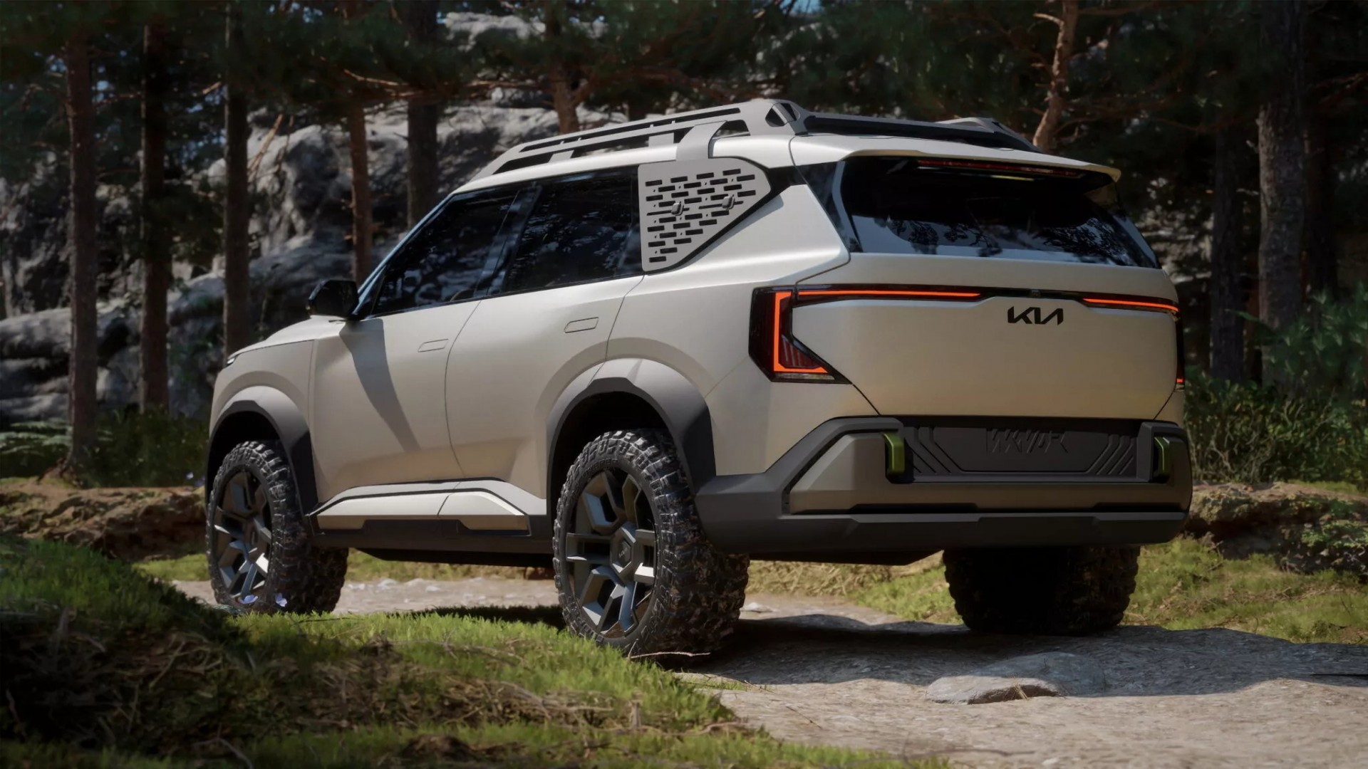 Kia giới thiệu concept SUV điện EV5 WKNDR với dáng vẻ mạnh mẽ, trang bị chạy địa hình Phía sau của Kia EV5 WKNDR