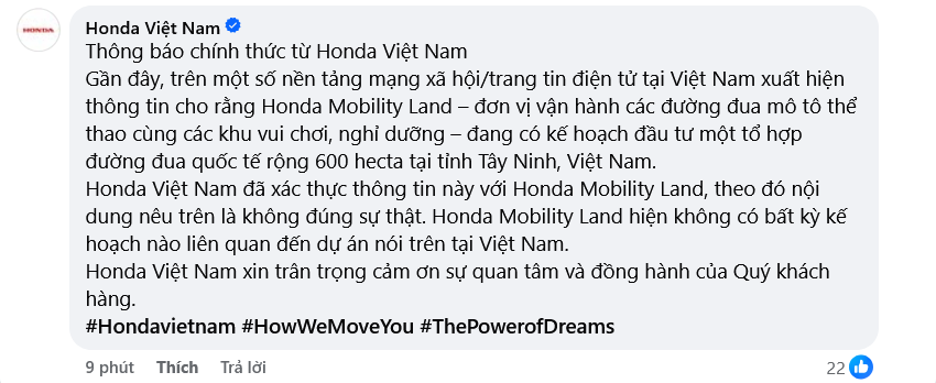 Honda phủ nhận kế hoạch xây Trường đua Quốc tế tại Tây Ninh Honda phủ nhận kế hoạch xây Trường đua Quốc tế tại Tây Ninh