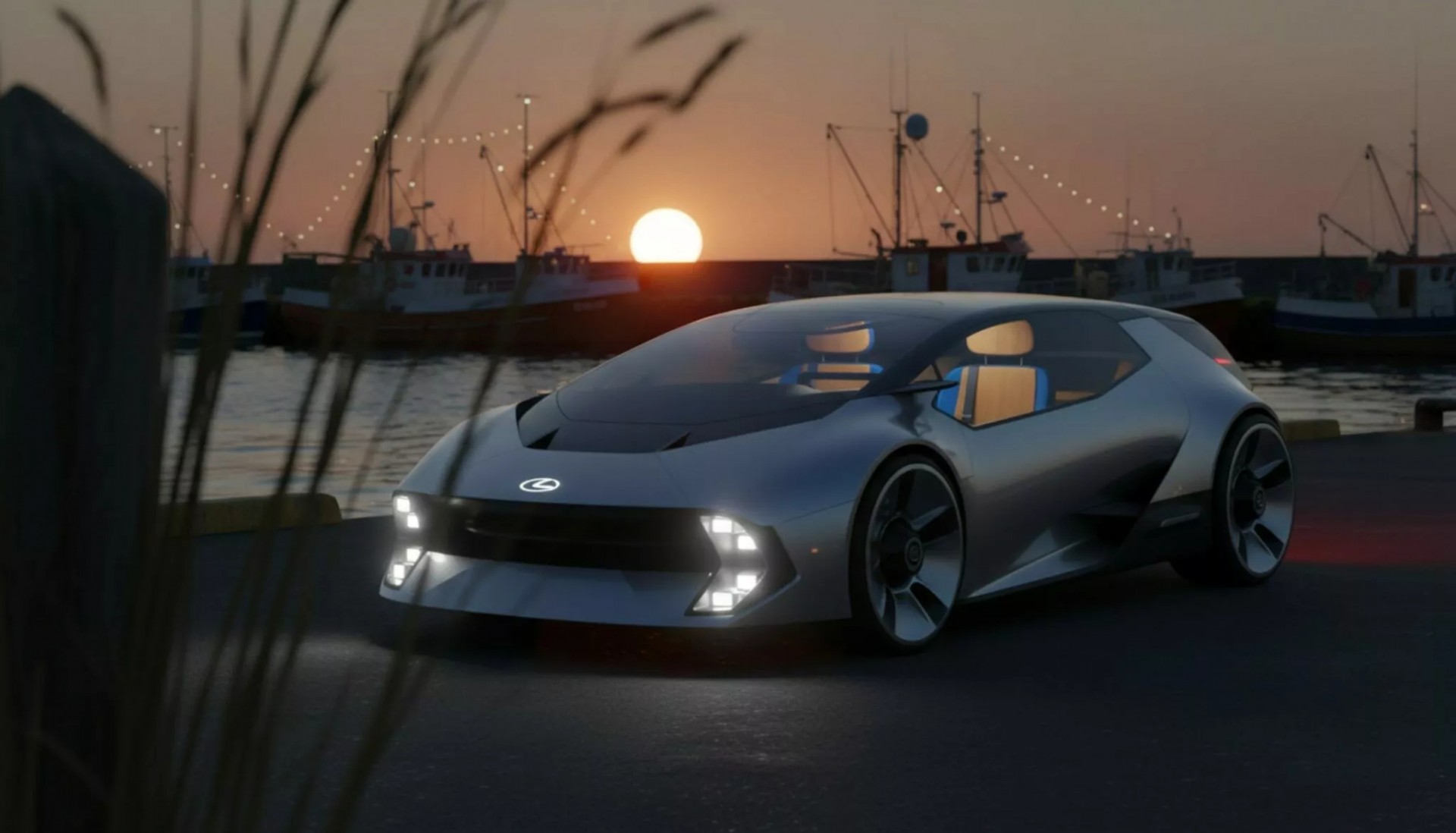 Nhà thiết kế xe chỉ cần một ngày sử dụng AI để tạo mẫu ô tô concept Lexus chạy điện Hình ảnh mẫu concept Lexus bật đèn sáng khi mặt trời lặn được tạo bằng AI