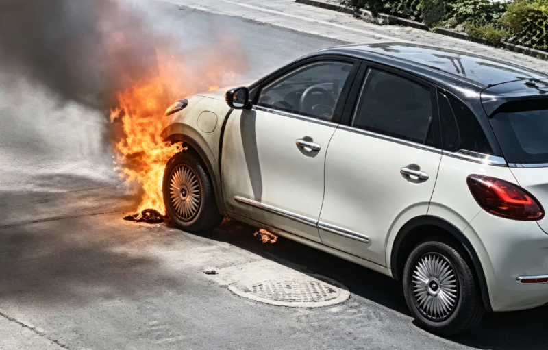 Xe điện giá rẻ Wuling Bingo EV bỗng nhiên bốc cháy khi đang đỗ, thiêu rụi đầu xe Hình ảnh chiếc Wuling Binguo (hay Bingo) EV bốc cháy khi đang đỗ ngày 3/5 ở Trung Quốc