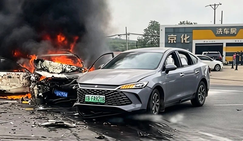 Xe xăng Mazda 3 cháy rụi sau khi va chạm mạnh với một chiếc PHEV BYD Qin L DM-i
