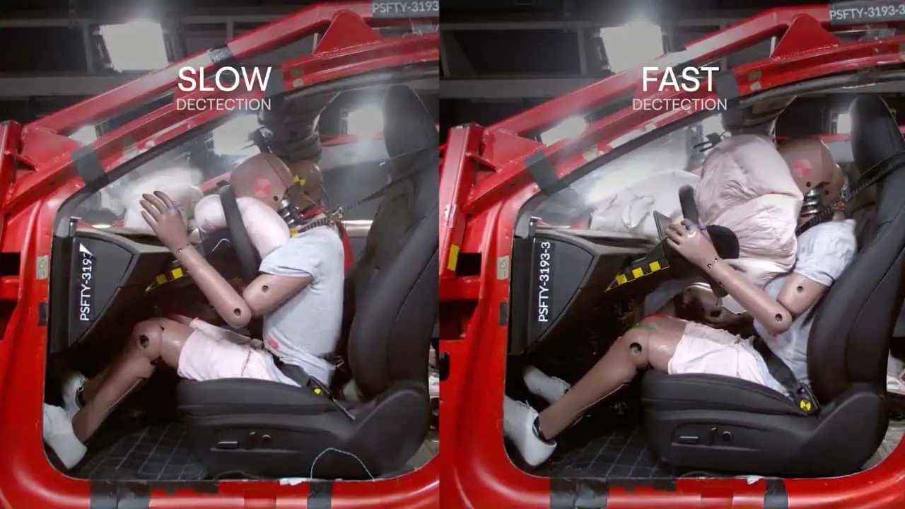 Camera trên xe điện Tesla có thêm nhiệm vụ mới: Hỗ trợ kích hoạt túi khí nhanh hơn Hình ảnh so sánh túi khí bung ra giữa tình huống phát hiện va chạm chậm và nhanh