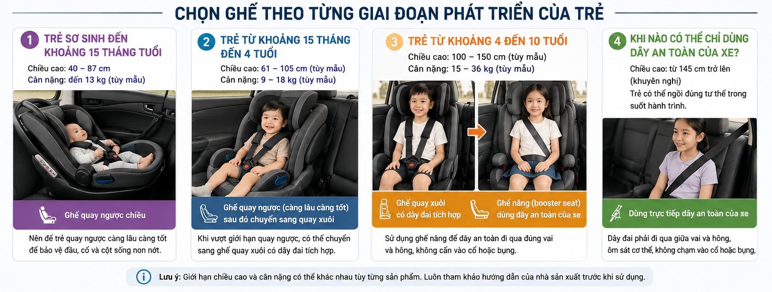 Cách chọn ghế an toàn cho trẻ em trên ô tô theo chiều cao, cân nặng và độ tuổi Cách chọn ghế an toàn cho trẻ em trên ô tô theo chiều cao, cân nặng và độ tuổi