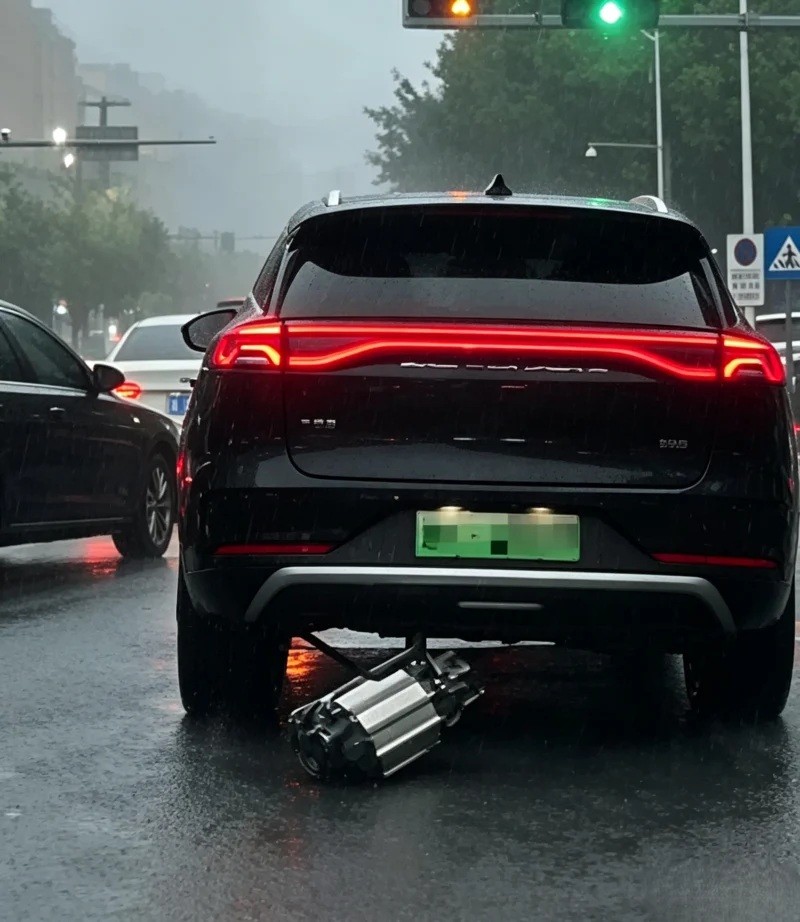 Hình ảnh chiếc BYD Tang bị rơi linh kiện dưới gầm xe khi di chuyển qua vùng nước ngập sâu ngày 13/7 tại Thẩm Dương, Trung Quốc