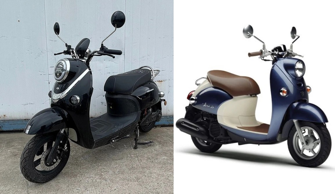 Mẫu xe máy điện mới của Chery (bên trái) có thiết kế rất giống với Yamaha Vino (bên phải)