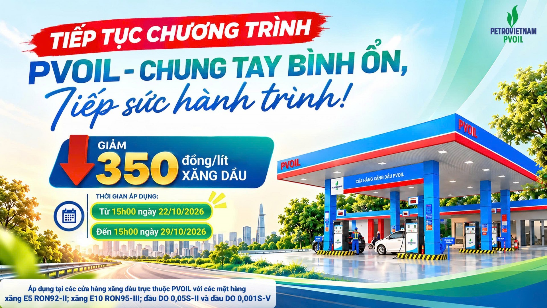 PVOIL tiếp tục giảm 350 đồng/lít xăng dầu đến ngày 29/10