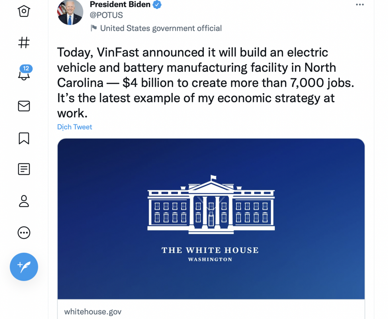 Tổng thống Biden đánh giá cao dự án xây nhà máy VinFast tại Mỹ Tổng thống Biden đánh giá cao dự án xây nhà máy VinFast tại Mỹ