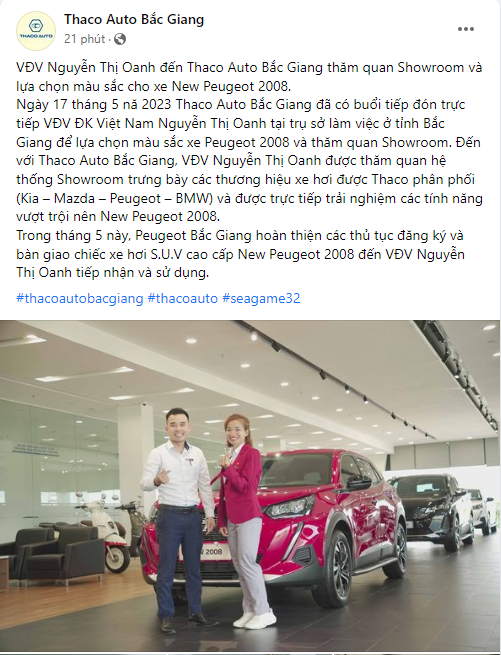 'Chân chạy vàng' Vũ Thị Oanh đến Thaco Bắc Giang xem Peugeot 2008 'Chân chạy vàng' Vũ Thị Oanh đến Thaco Bắc Giang xem Peugeot 2008