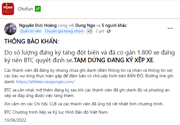 Tạm dừng nhận đăng ký Xếp xe kỷ lục hình bản đồ Việt Nam Tạm dừng nhận đăng ký Xếp xe kỷ lục hình bản đồ Việt Nam