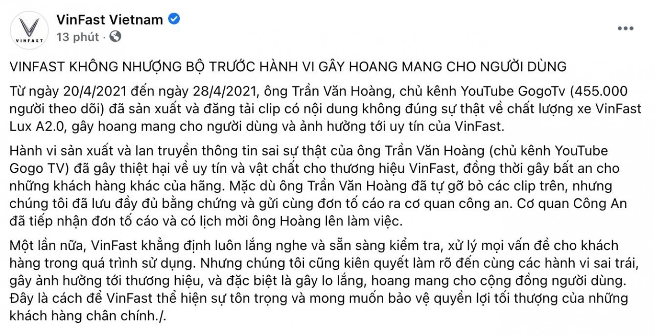 VinFast tố cáo chủ kênh Youtube Gogo TV sau clip phản hồi chất lượng xe Lux A2.0 VinFast tố cáo chủ kênh Youtube Gogo TV sau clip phản hồi chất lượng xe Lux A2.0