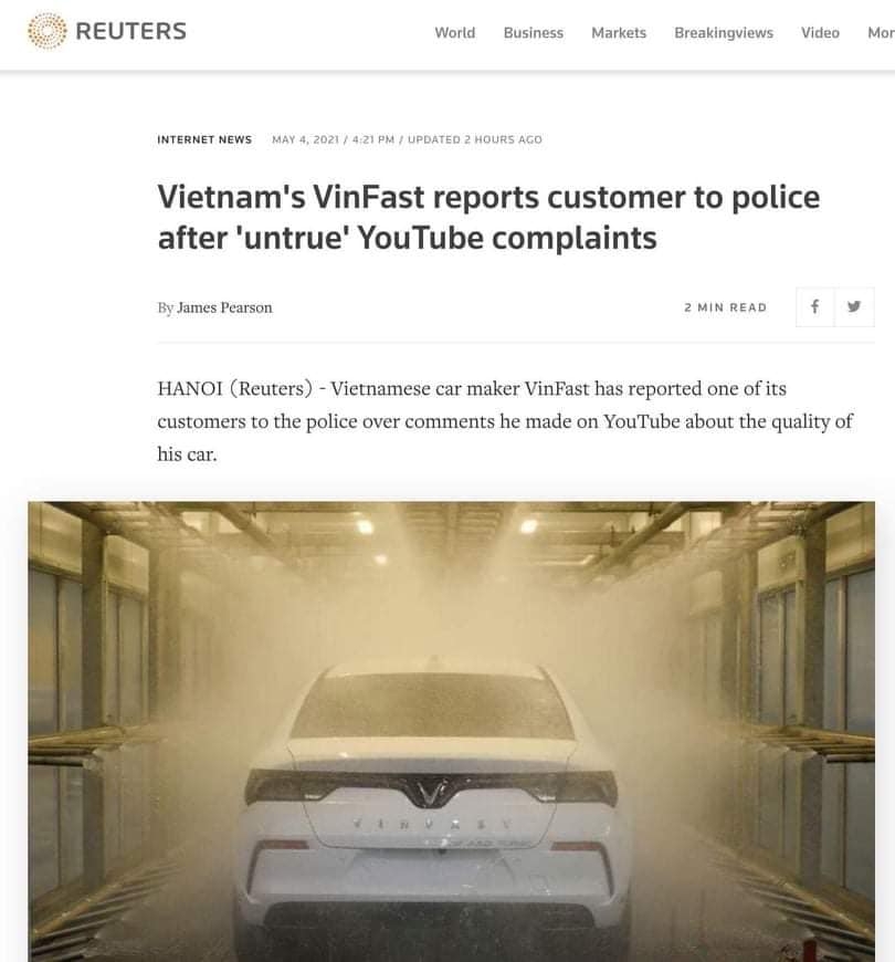 Hàng loạt báo nước ngoài đưa tin VinFast tố cáo Youtuber sau clip chê xe Lux A2.0 Hàng loạt báo nước ngoài đưa tin VinFast tố cáo Youtuber sau clip chê xe Lux A2.0