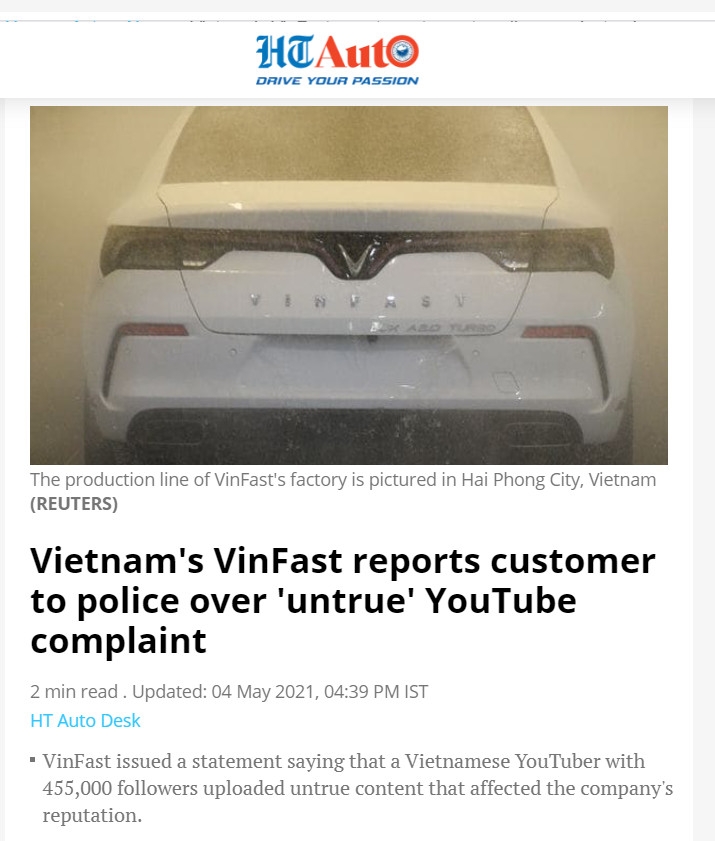 Hàng loạt báo nước ngoài đưa tin VinFast tố cáo Youtuber sau clip chê xe Lux A2.0 Hàng loạt báo nước ngoài đưa tin VinFast tố cáo Youtuber sau clip chê xe Lux A2.0