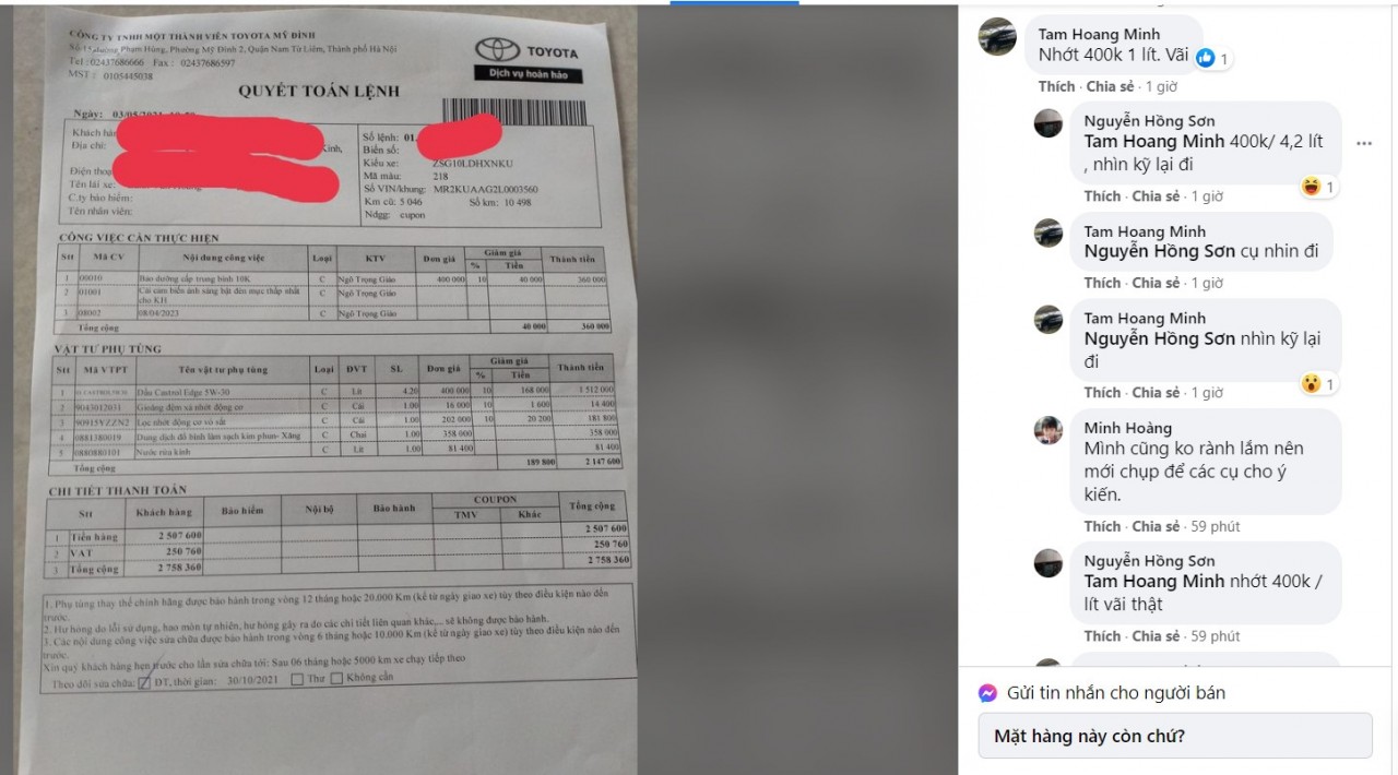 Toyota Corolla Cross bảo dưỡng 10.000 km hết 2,8 triệu vẫn bị chê đắt