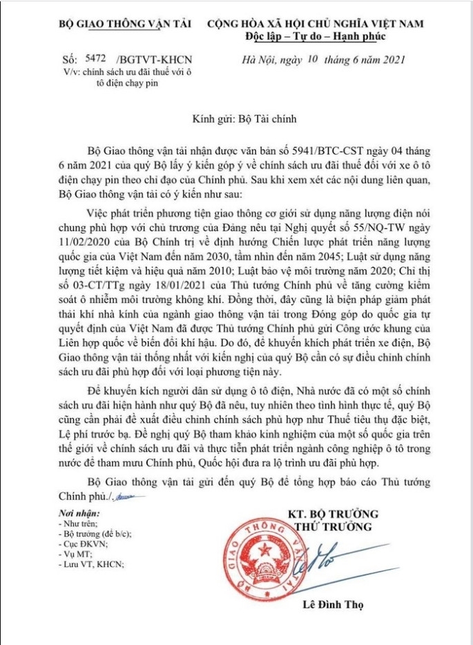 Bộ giao thông nói gì về đề xuất ưu đãi thuế cho ô tô chạy pin? Bộ giao thông nói gì về đề xuất ưu đãi thuế cho ô tô chạy pin?